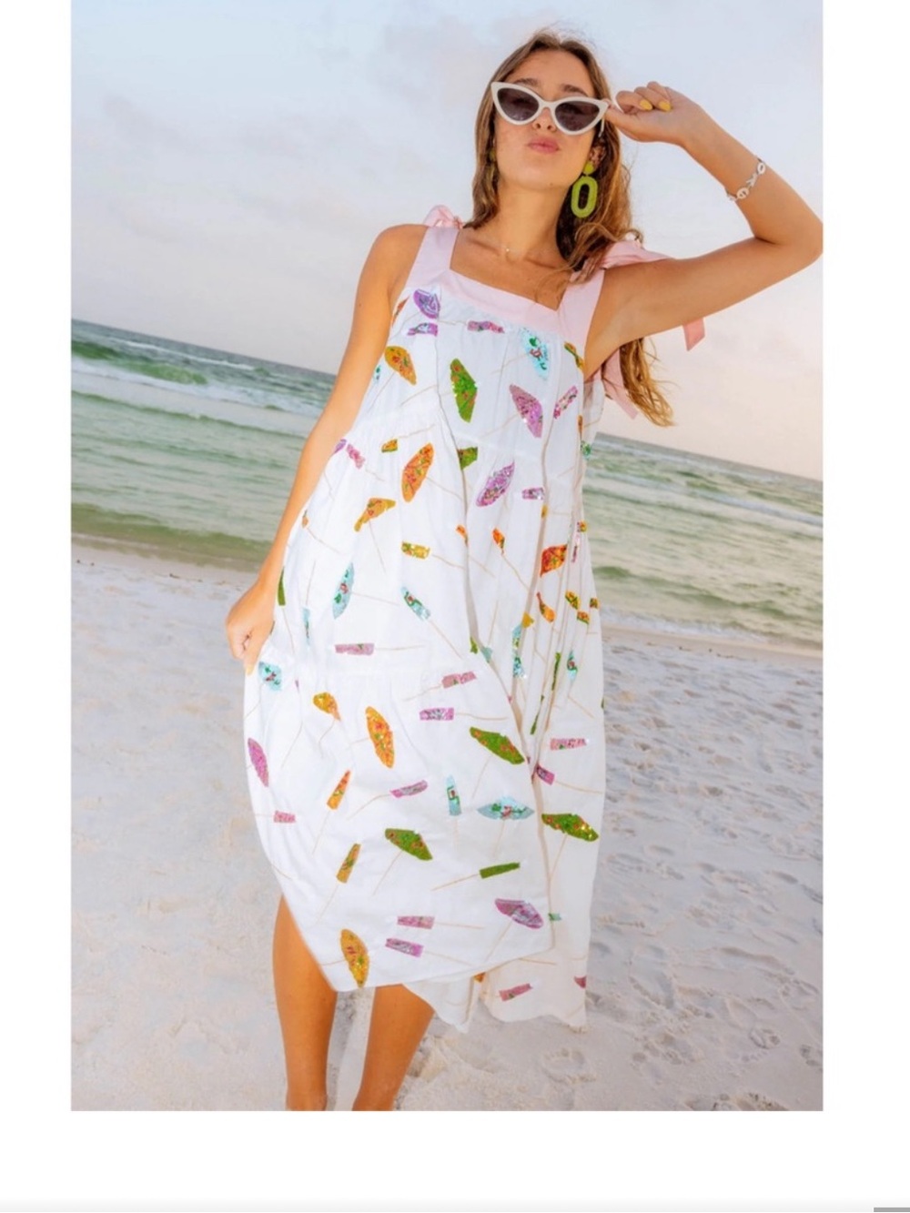 QUEEN OF SPARKLES White Midi Dress with Multi Color Umbrella and Pink Bows